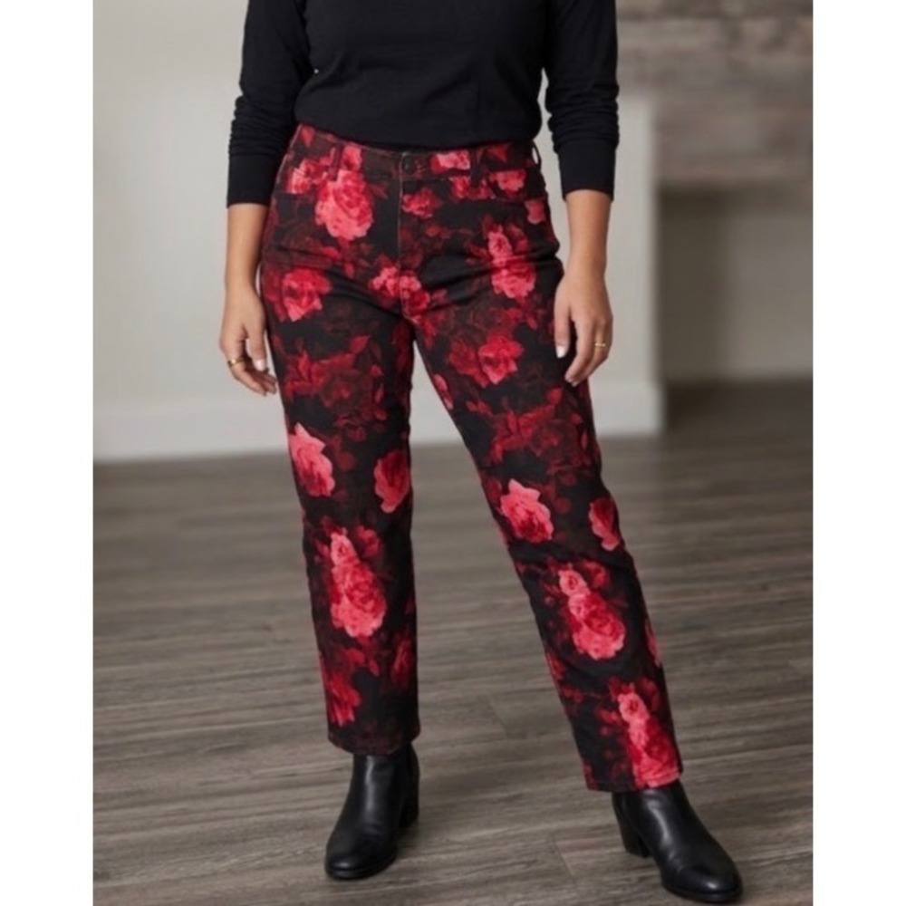 Seven7 Luxe Skinny Jeans Womens 18 Red Black Floral Rose Print High Rise Stretch